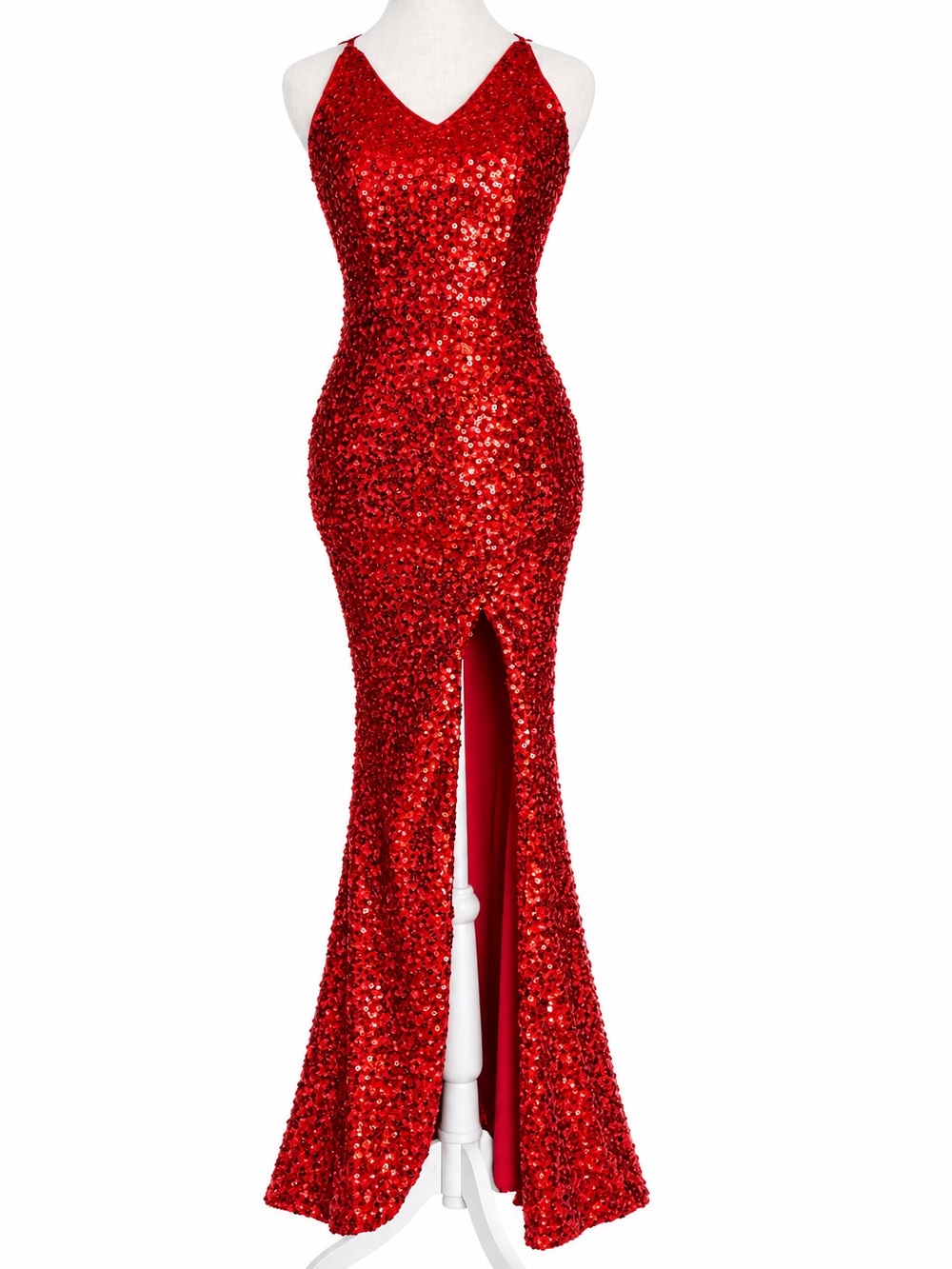 FAERIESTY Red Sequin Maxi Dress V-Neck Backless High Slit Formal Prom Gown XS
